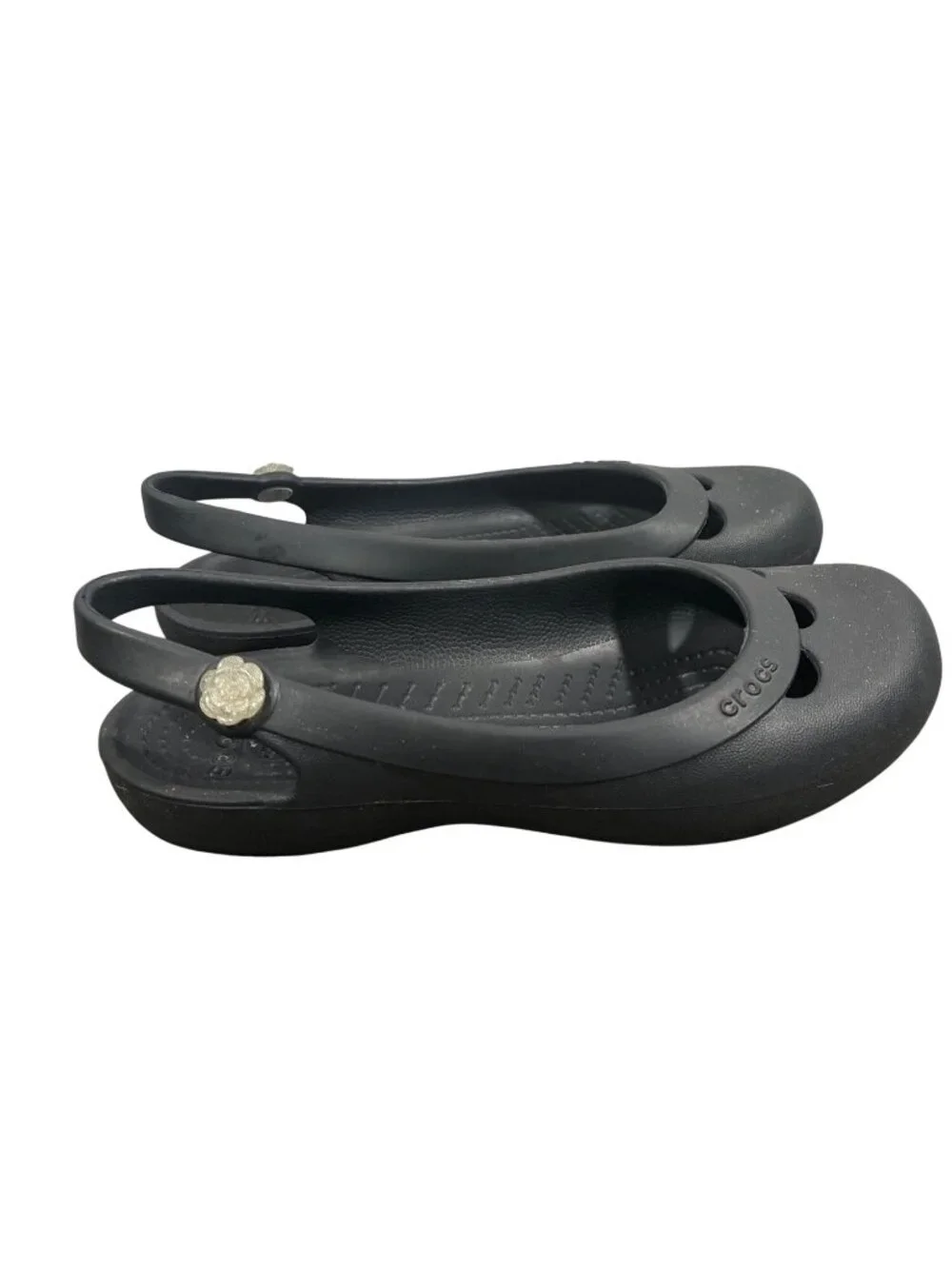 Crocs Jayna Black Slingback Flats Womens Size 7 Rubber Rose Detail Comfortable